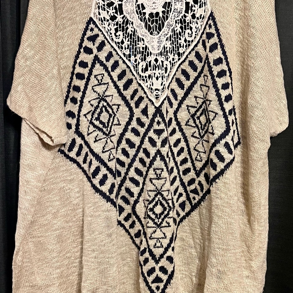 Boho Knit Poncho with Lace Detail